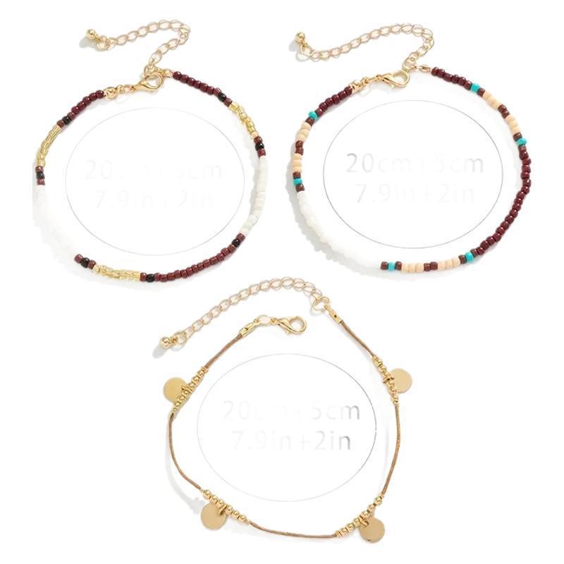 Ensemble de 3 bracelets de cheville à double pendentif en perles de style bohème