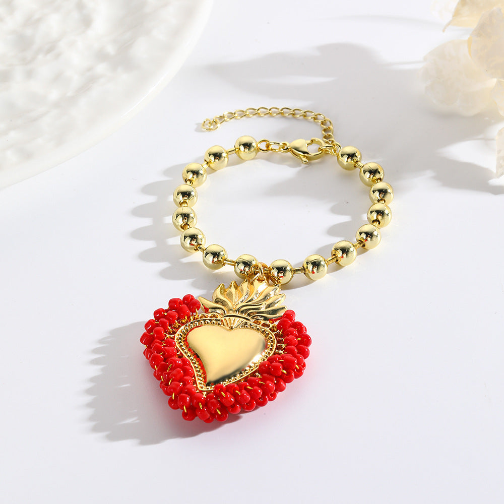 Bracelet en forme de cœur tissé à la main avec petites perles en forme de riz