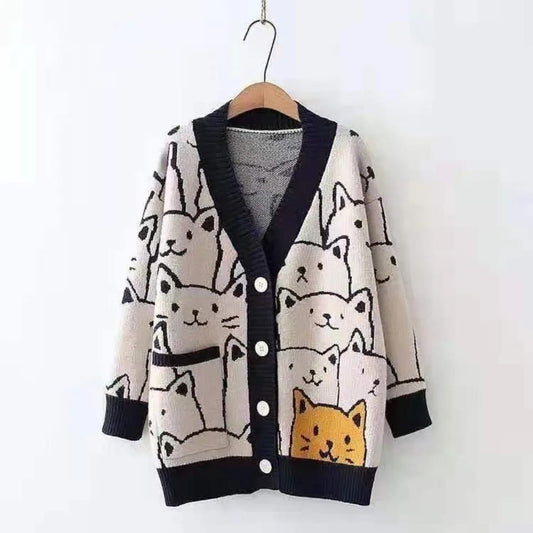 Cardigan tricoté à manches longues - Motifs chat - 2 Coloris - De S à 3XL