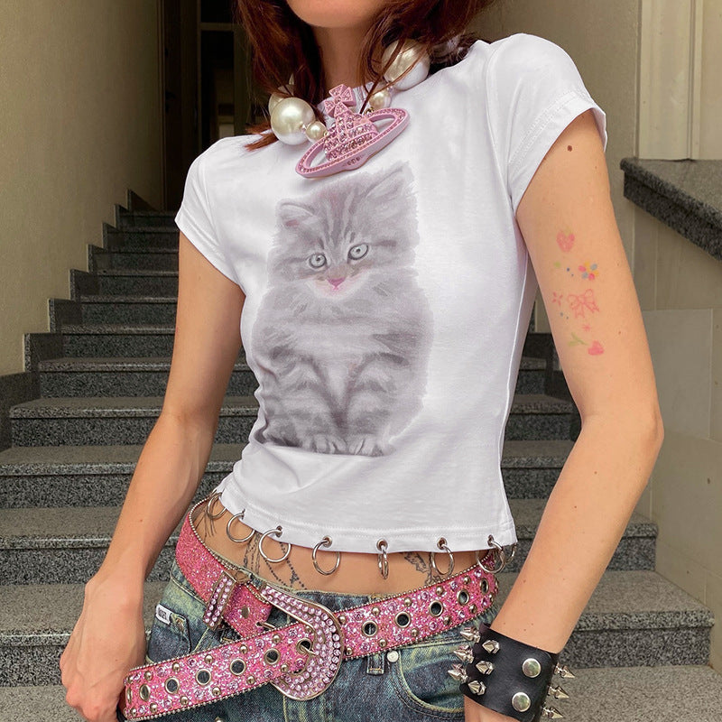 T-shirt à col rond et manches courtes avec anneaux- Chaton