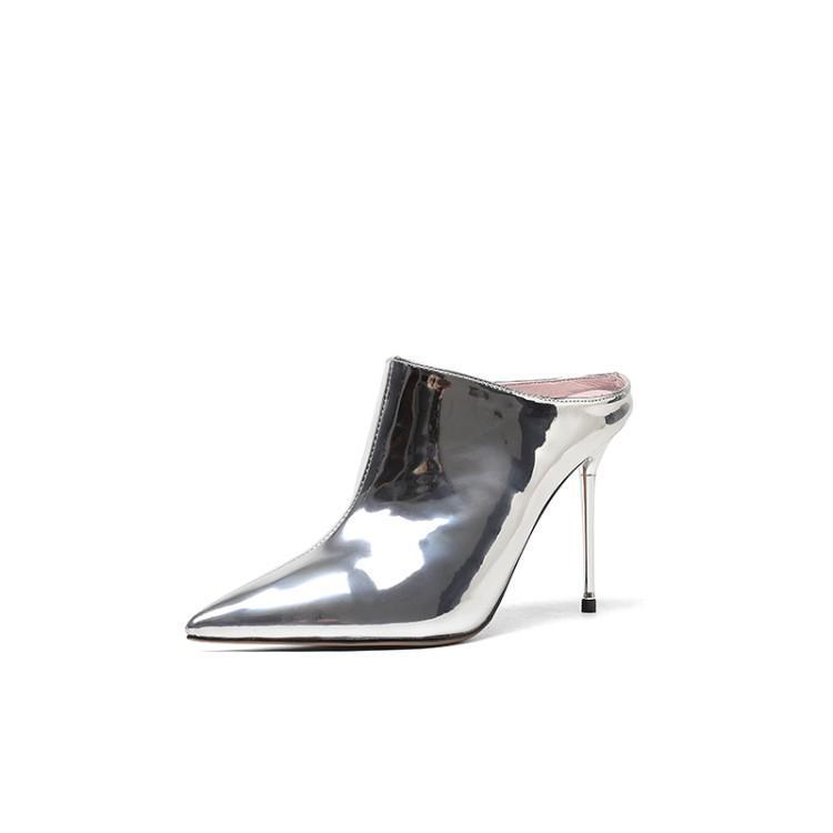 Stiletto Haut Talons Bout Pointu couleur Argent ou noir  En Cuir Verni Embout De Fer Talon