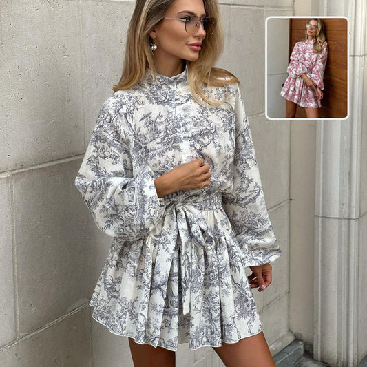 Robe courte à manches longues à imprimé d'encre avec vêtements tendance à manches bouffantes