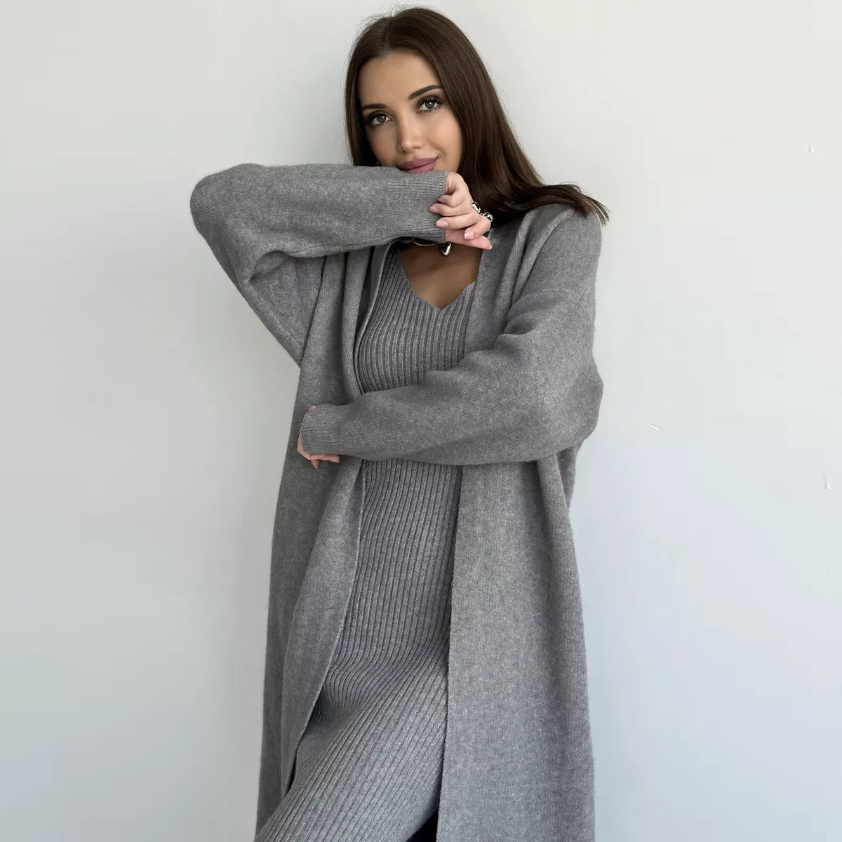 Ensemble tricoté 2 pièces, robe longue sans manches, slim + cardigan ample et décontracté - 6 coloris