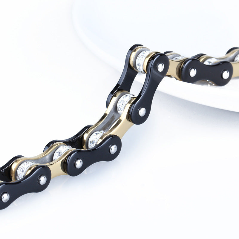 Bracelet chaîne de vélo en acier inoxydable Noir/doré avec strass