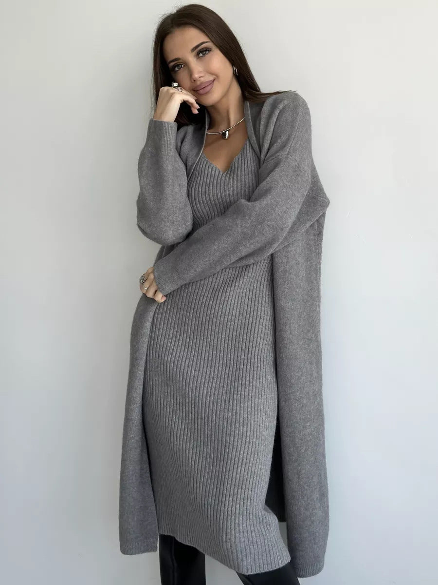 Ensemble tricoté 2 pièces, robe longue sans manches, slim + cardigan ample et décontracté - 6 coloris