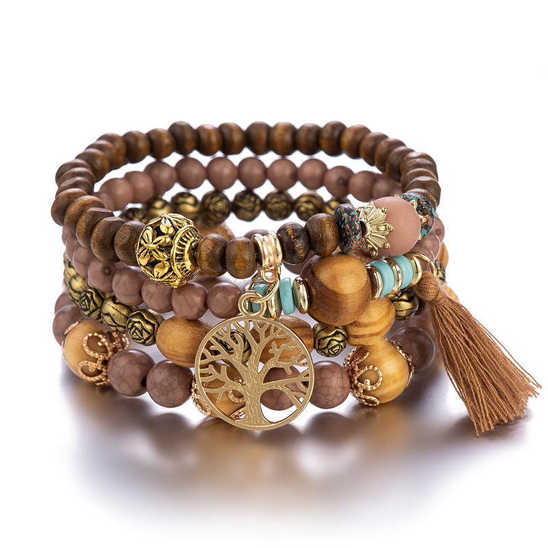 Bracelet extensible multicouche en bois de style bohème avec pendentif arbre de vie - 9 coloris