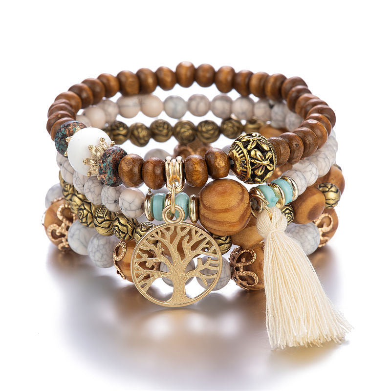 Bracelet extensible multicouche en bois de style bohème avec pendentif arbre de vie - 9 coloris