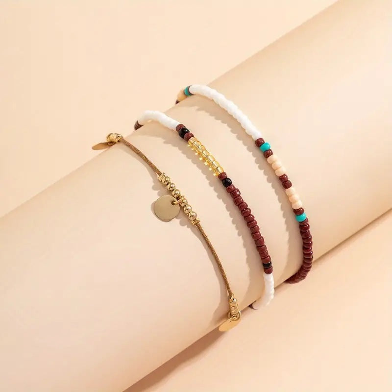 Ensemble de 3 bracelets de cheville à double pendentif en perles de style bohème