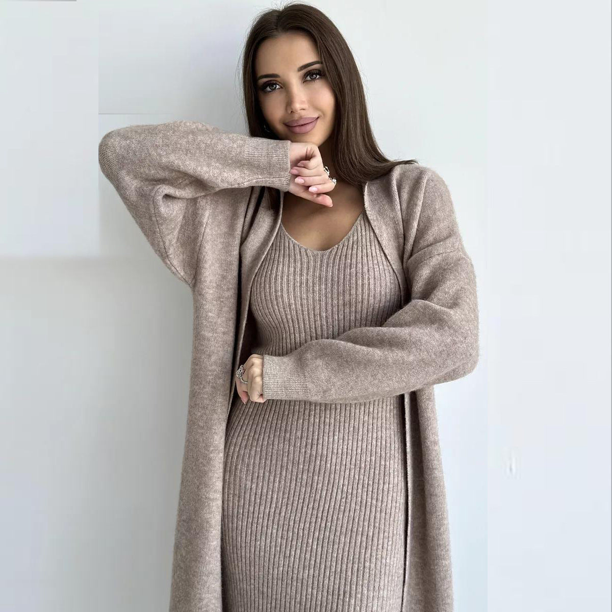 Ensemble tricoté 2 pièces, robe longue sans manches, slim + cardigan ample et décontracté - 6 coloris