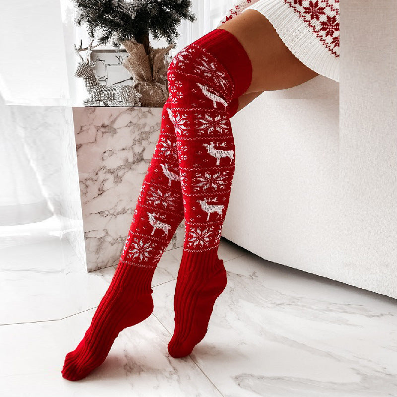 Longues chaussettes de Noël flocon de neige jacquard sur le genou Blanc/Rouge/Gris/Set des 3 couleurs