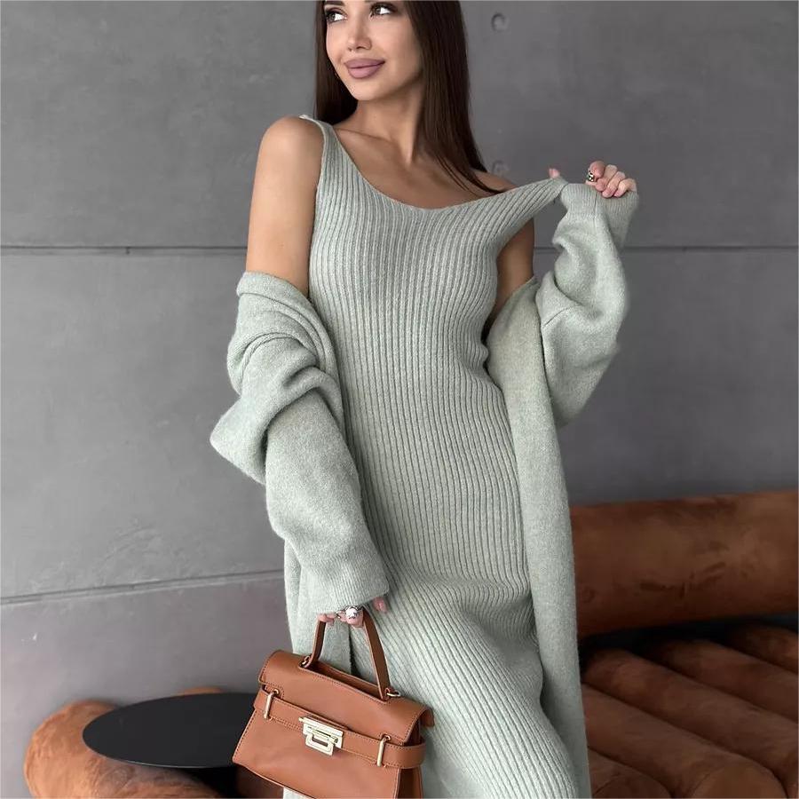 Ensemble tricoté 2 pièces, robe longue sans manches, slim + cardigan ample et décontracté - 6 coloris