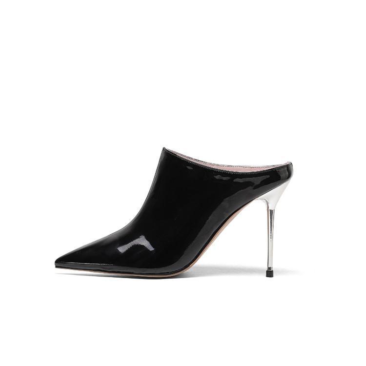 Stiletto Haut Talons Bout Pointu couleur Argent ou noir  En Cuir Verni Embout De Fer Talon