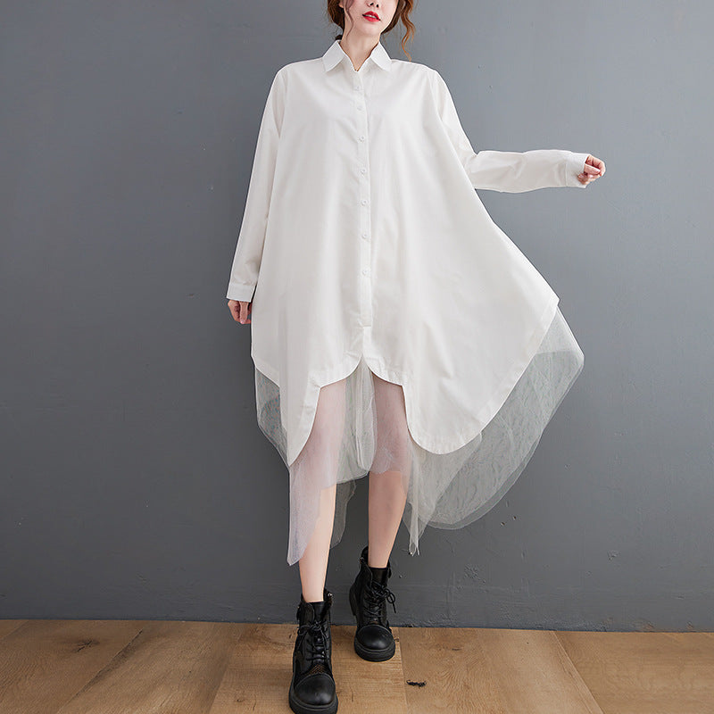 Robe chemise ample coton/ tulle en double couche - coutures irrégulières