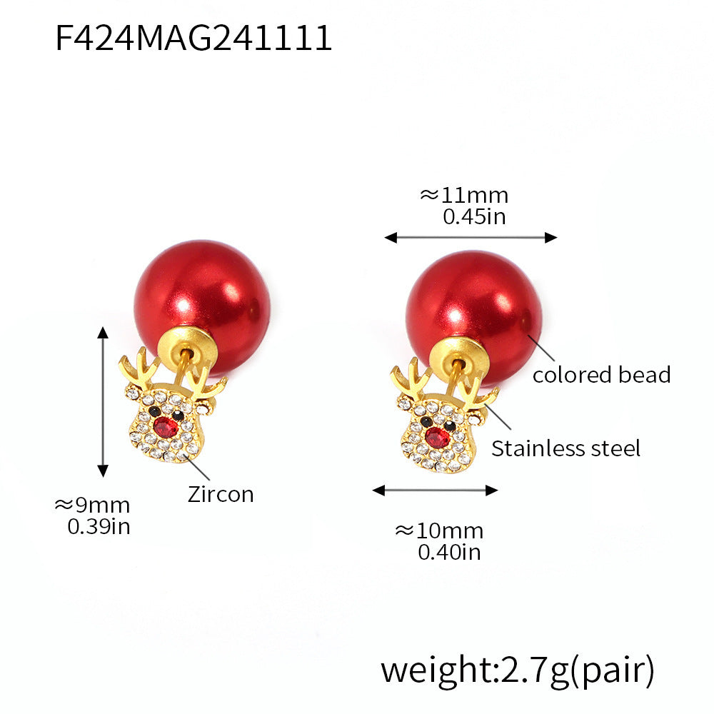 Clous d'oreilles en acier inoxydable avec élan et sapin de Noël en zircon coloré